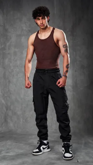 Muscle-Up Ribbed Tank - Brown & Impact Woven Cargos - Black