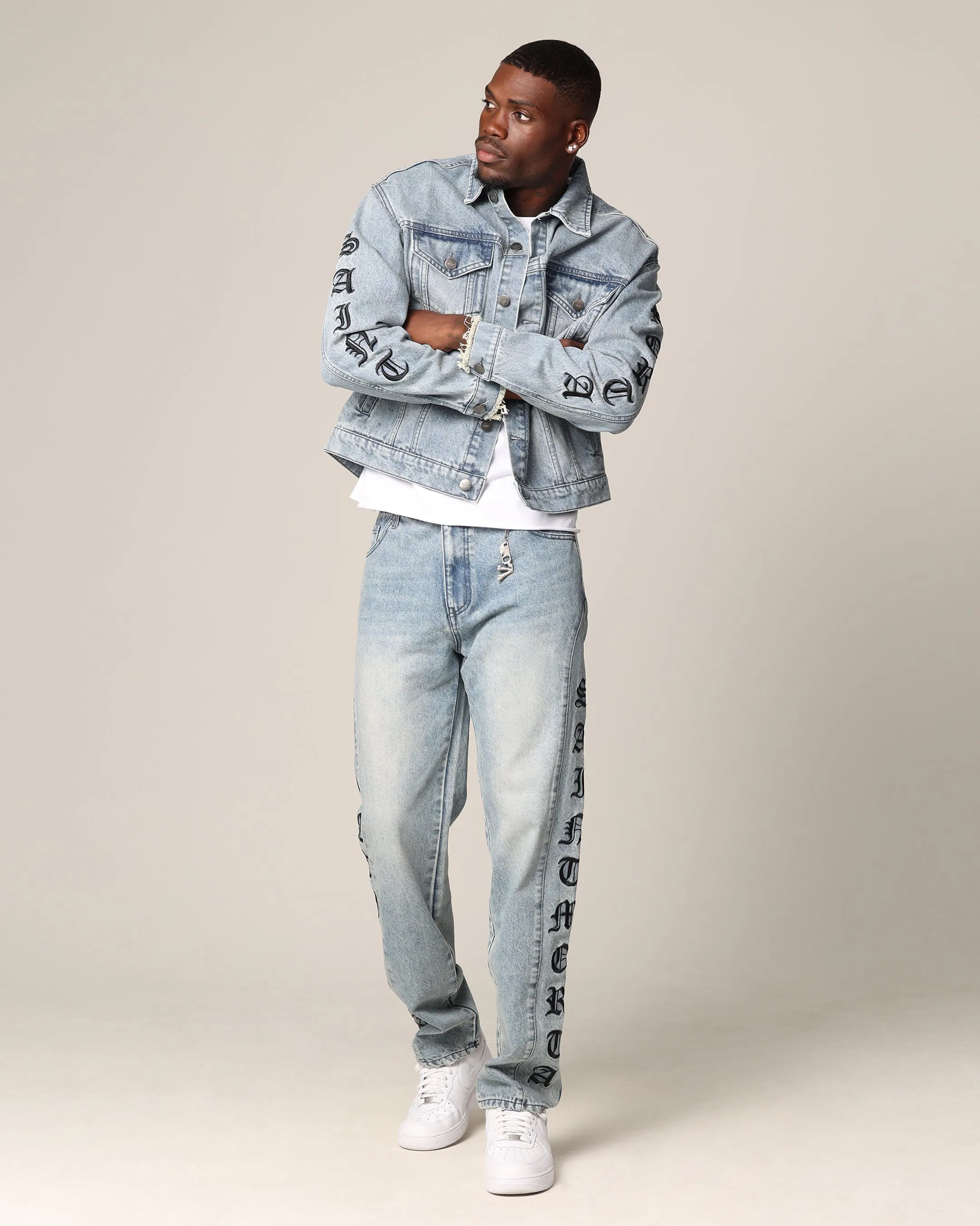 Saint Morta Rip Gothic Cutoff Denim Jacket Superwash Blue
