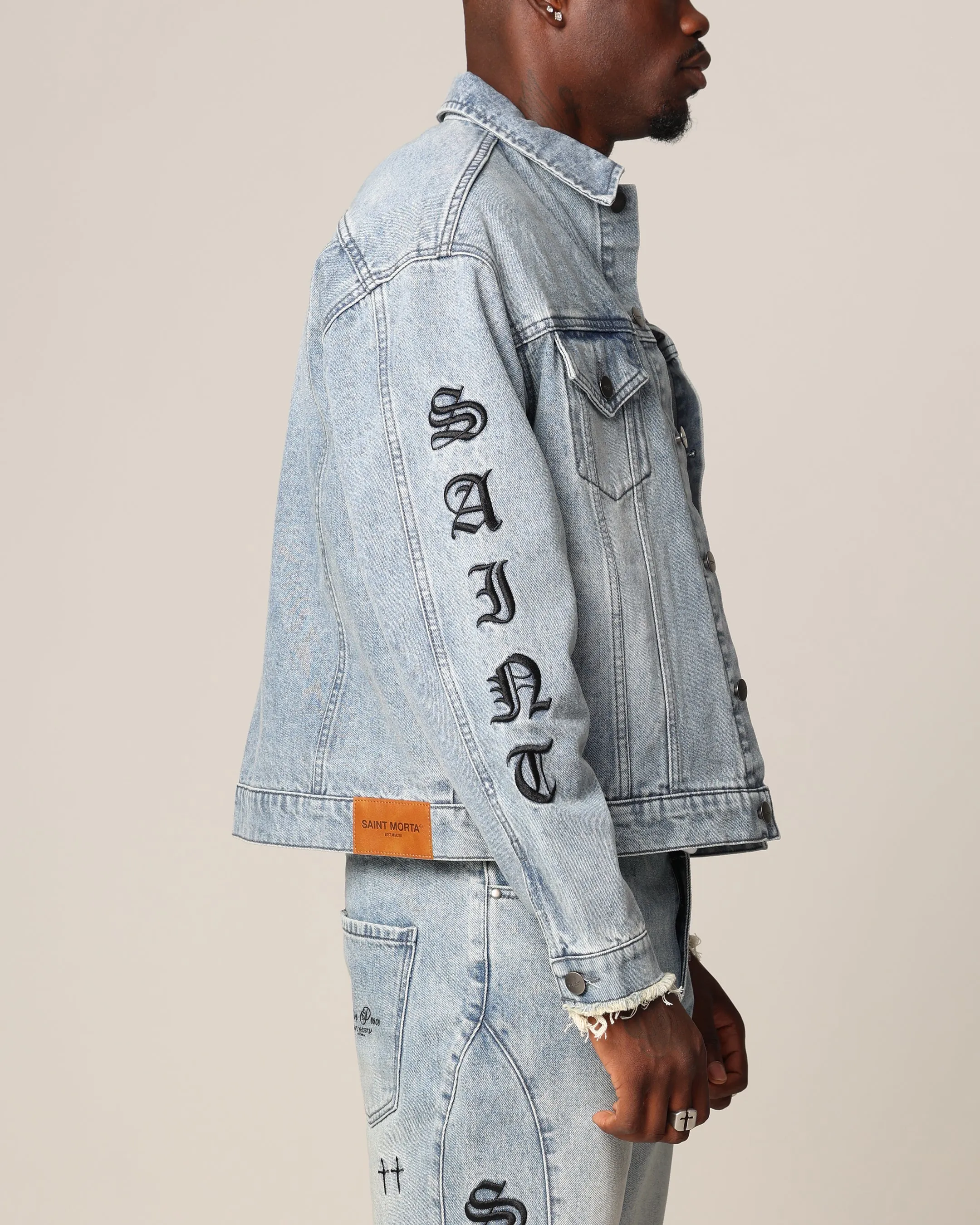 Saint Morta Rip Gothic Cutoff Denim Jacket Superwash Blue