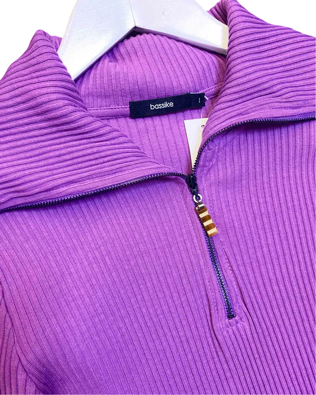 Size L | Bassike Ribbed Half Zip Top